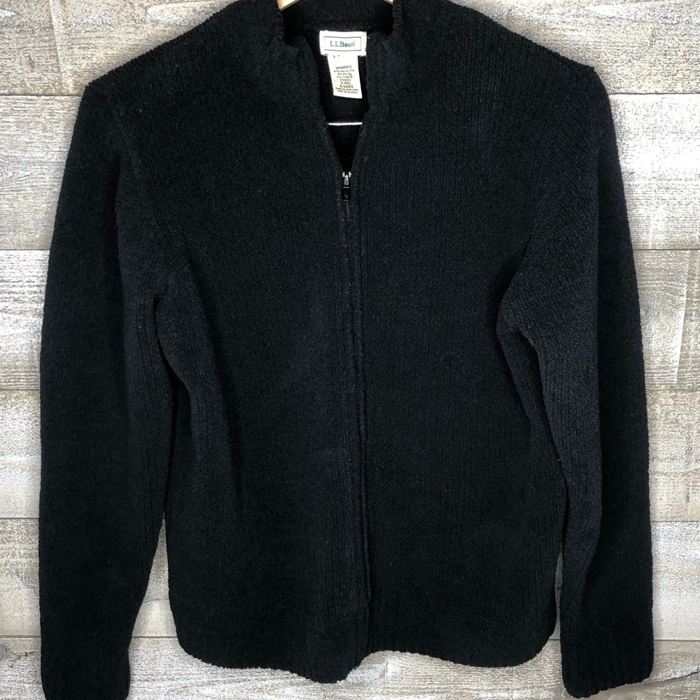 LL Bean black zip up lycra fuzzy plush sweater